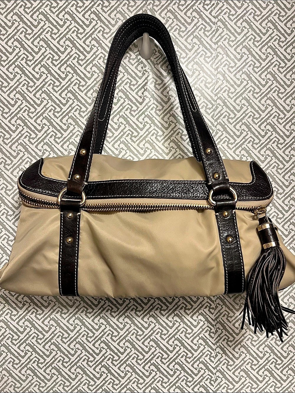 7 For All Mankind Vintage Y2K Khaki Nylon & Brown Leather Satchel Shoulder Bag F